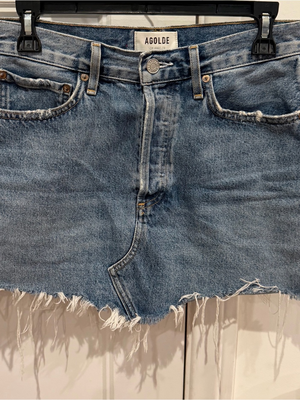 Agolde Light Blue Frayed Denim Cutoff Skirt 27w